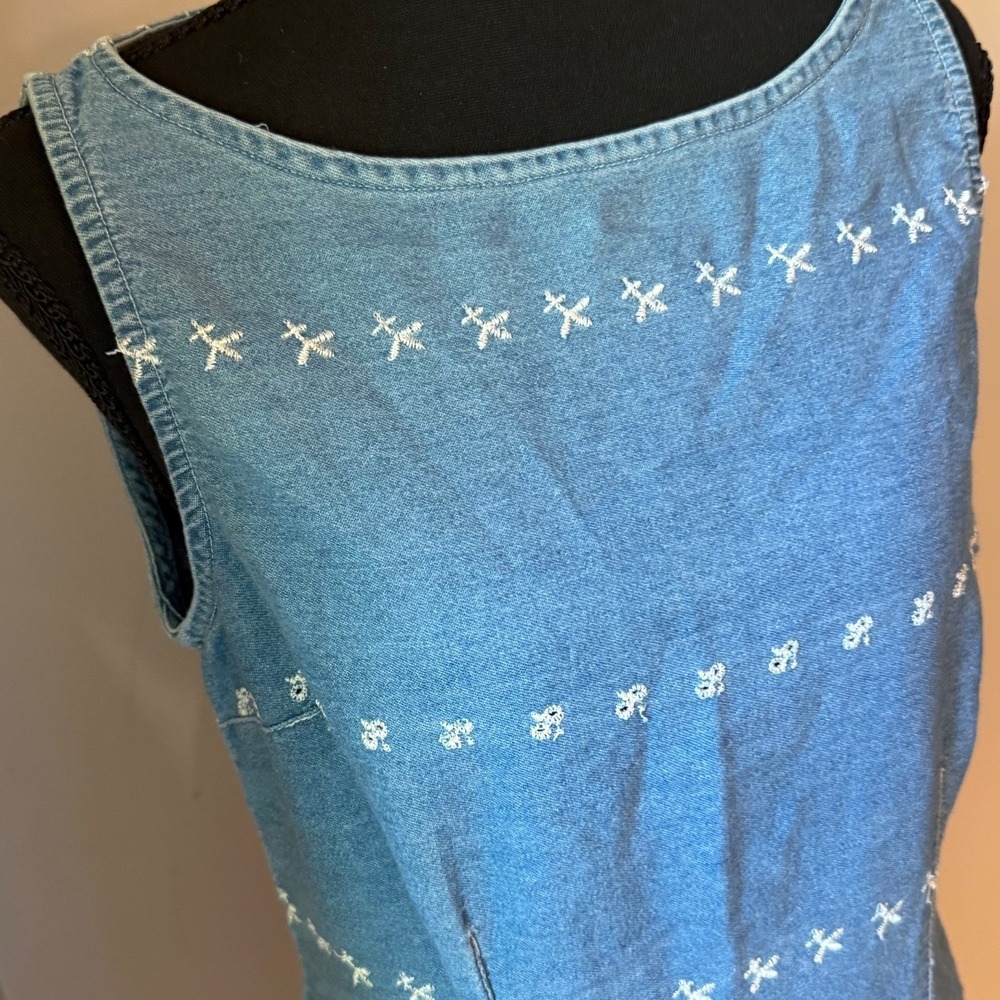 Vintage Express Denim Embroidered Dress Womens 9/10 Blue Sleeveless Y2K Cottage - Picture 2 of 13